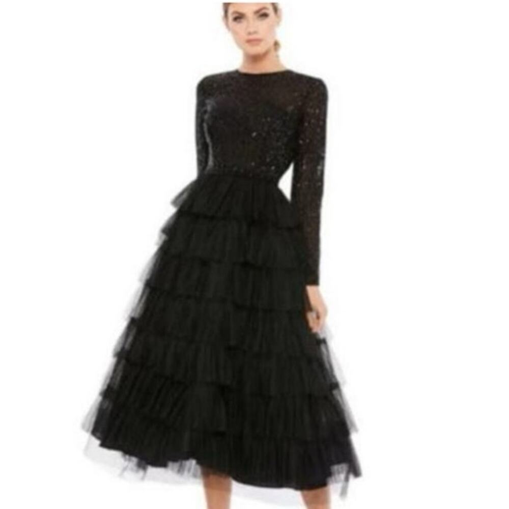 Mac Duggal NEW Size 6 Black Long Sleeve Ruffle Tiered Midi Dress Style 26299